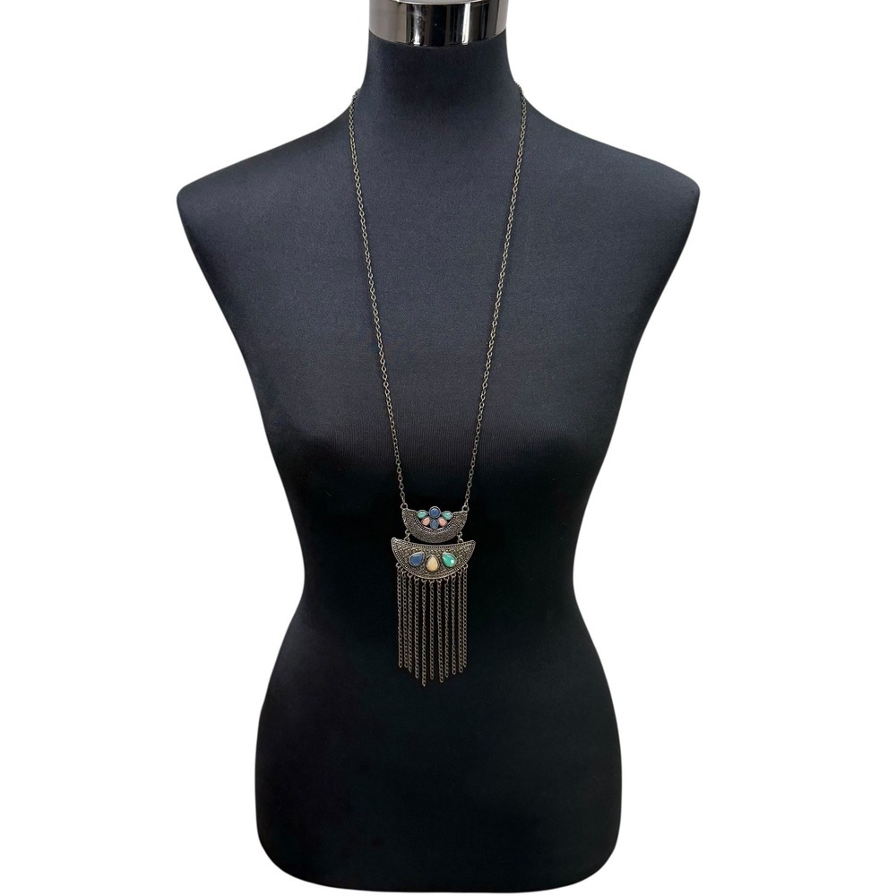 Long Faceted Rhinestone Fringe Pendant Necklace Antique Gold Tone Chain 20 in L